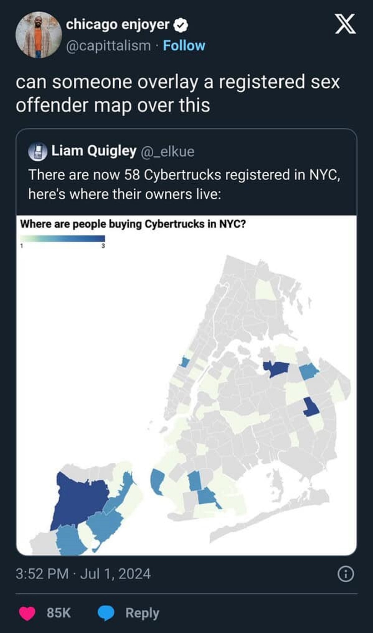 screenshot - chicago enjoyer can someone overlay a registered sex offender map over this Liam Quigley There are now 58 Cybertrucks registered in Nyc, here's where their owners live Where are people buying Cybertrucks in Nyc? X 85K