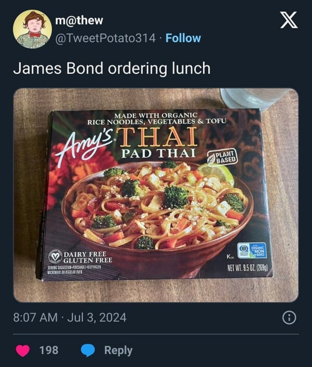 amy's pad thai - m . James Bond ordering lunch X Made With Organic Rice Noodles, Vegetables & Tofu Amy's Thai Pad Thai Plant Based Dairy Free Gluten Free Serving SuggestionPerishableKeeperizen Microwave Or Regular Oven 198 Organic Non K Gmo Net Wt.9.5 Oz.