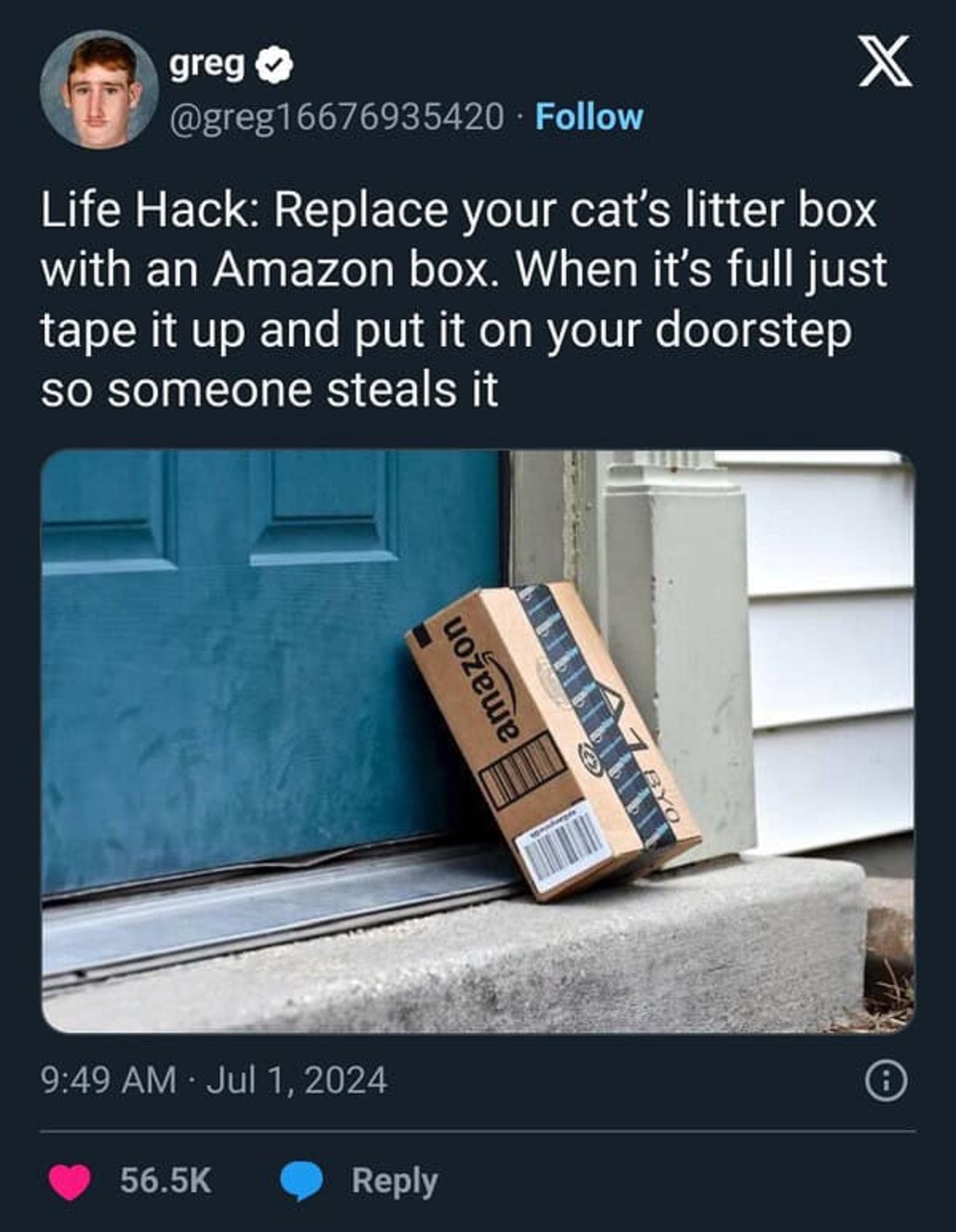 Litter box - greg X Life Hack Replace your cat's litter box with an Amazon box. When it's full just tape it up and put it on your doorstep so someone steals it amazon