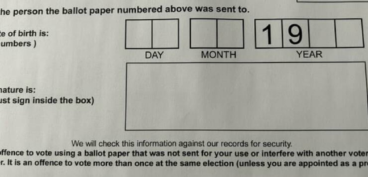 "Legal voting age is 18, but you have to be born before 2000 to use this ballot paper."