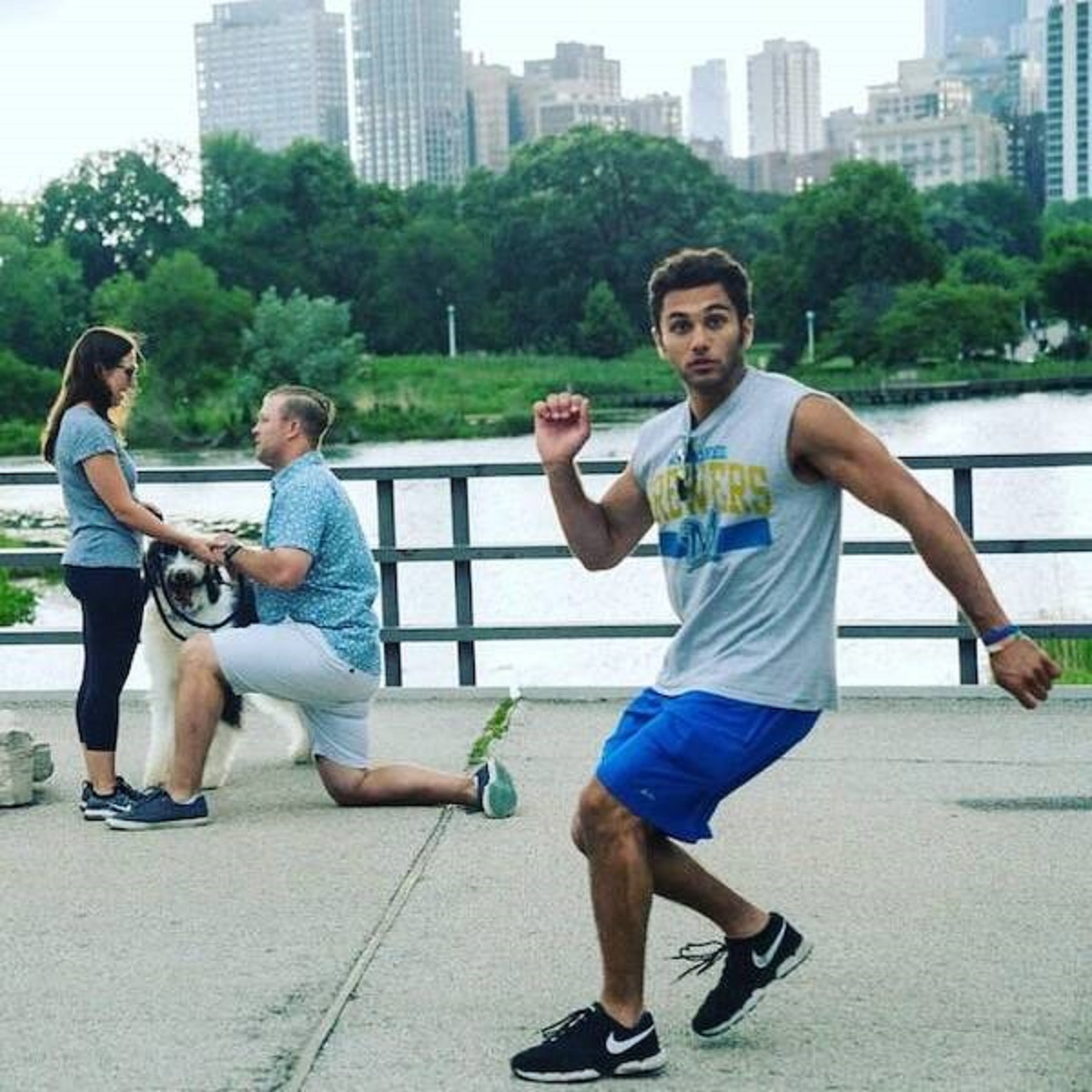 "The moment this jogger realized he stumbled into my friends’ engagement photo"