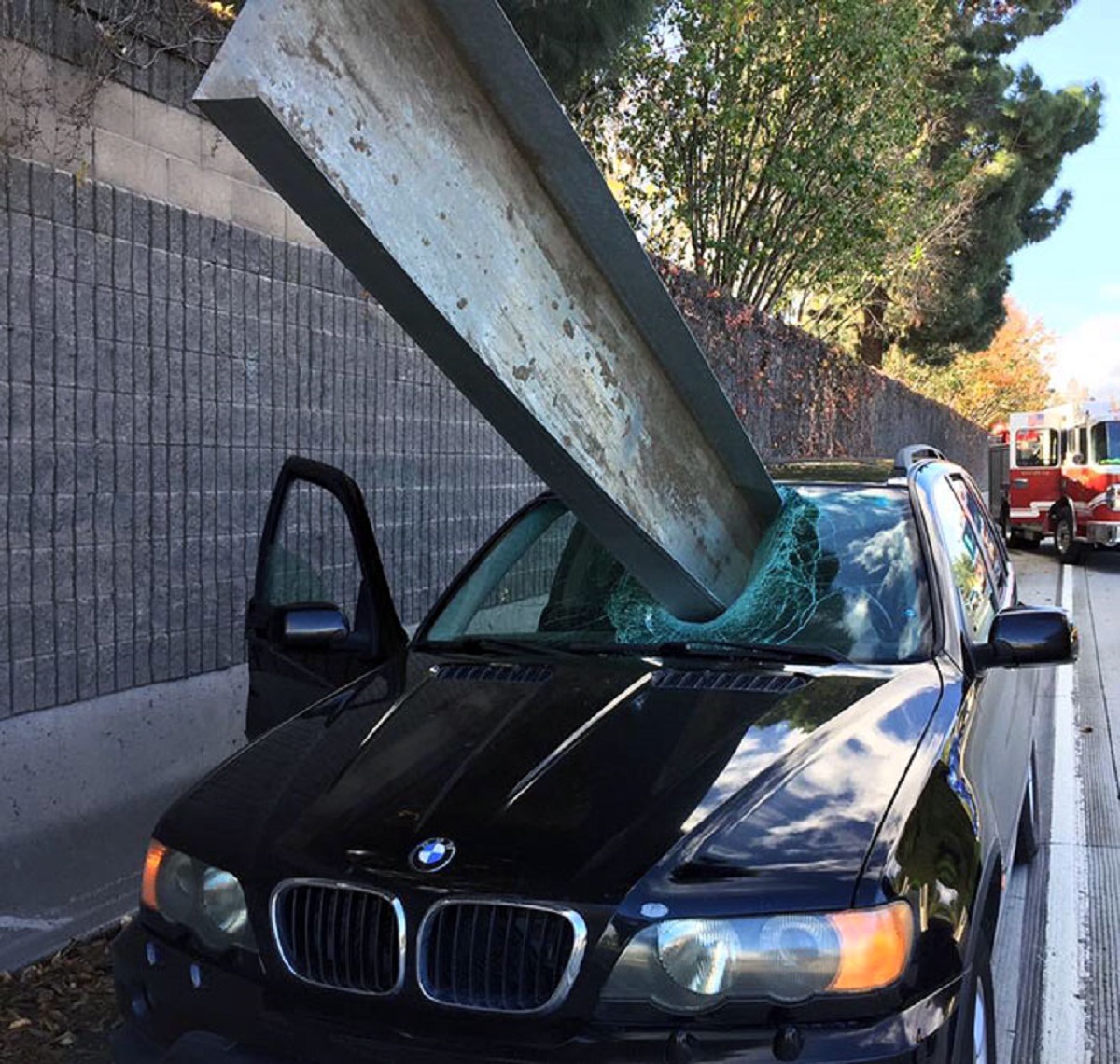 metal beam through windshield