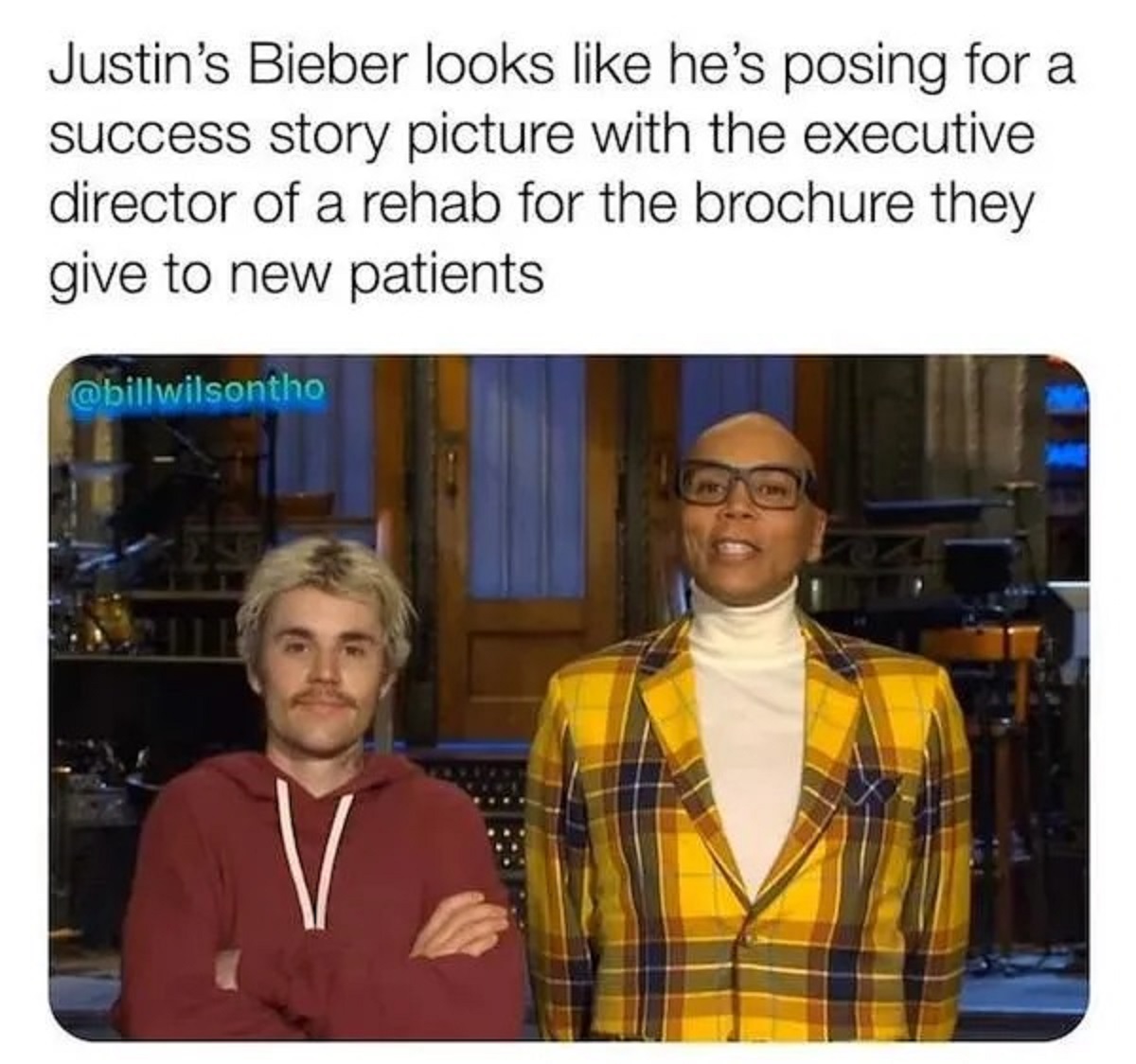 Justin Bieber - Justin's Bieber looks he's posing for a success story picture with the executive director of a rehab for the brochure they give to new patients