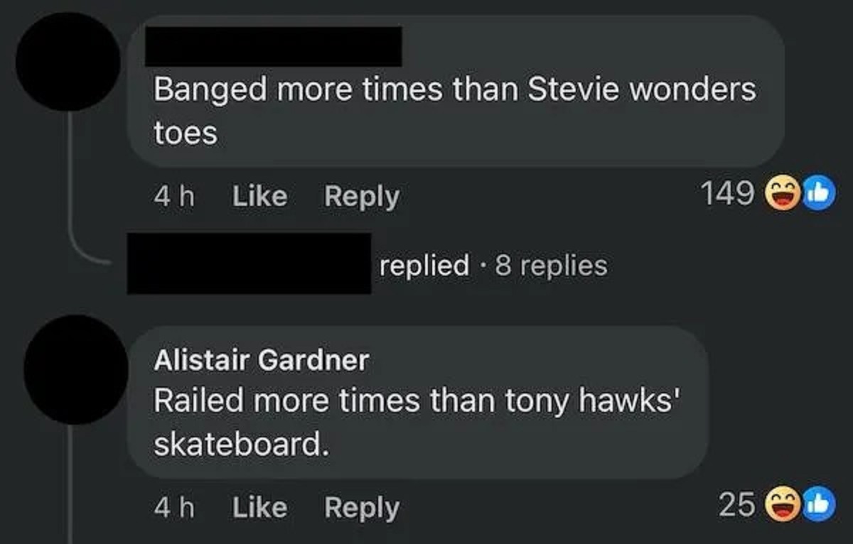 screenshot - Banged more times than Stevie wonders toes 4h 149 replied 8 replies Alistair Gardner Railed more times than tony hawks' skateboard. 4h 25