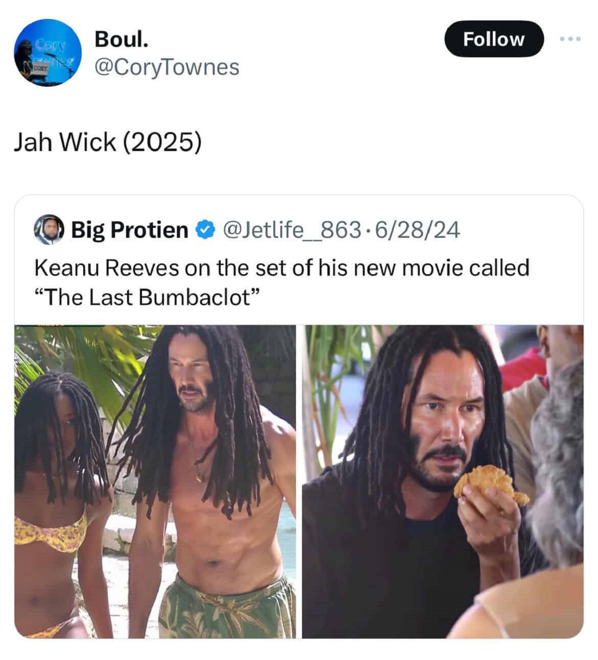 keanu reeves new movie in jamaica - Boul. Cory Jah Wick 2025 Big Protien .62824 Keanu Reeves on the set of his new movie called "The Last Bumbaclot"