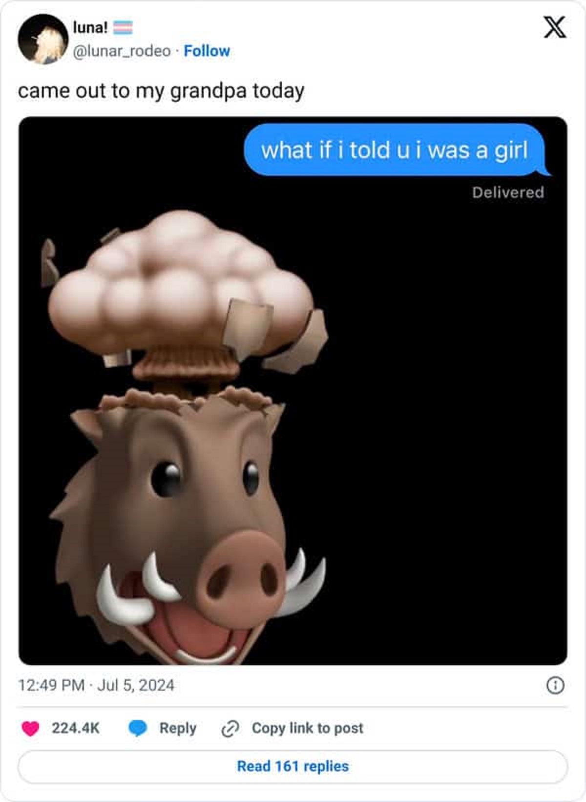 mind blown boar - luna! came out to my grandpa today what if i told u i was a girl Delivered Copy link to post Read 161 replies X