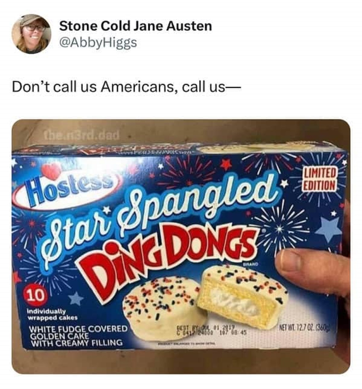 shortbread - Stone Cold Jane Austen Don't call us Americans, call us the.n3rd.dad Hostess Star Spangled Dingdongs 10 Individually wrapped cakes White Fudge Covered Golden Cake With Creamy Filling Brand Limited Edition Net Wt. 12.7 02 360 100 107 08 45