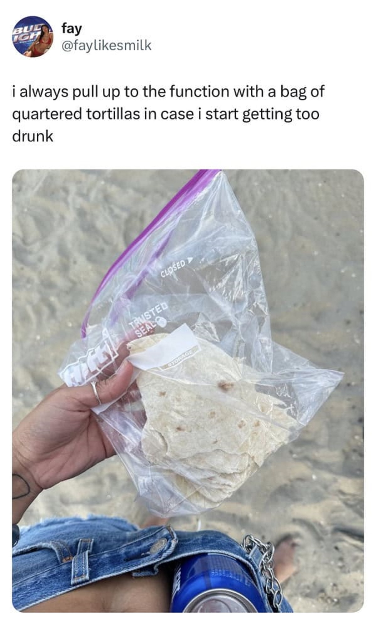 lavash - Bud Igh fay i always pull up to the function with a bag of quartered tortillas in case i start getting too drunk Trusted Seal Storage Closed