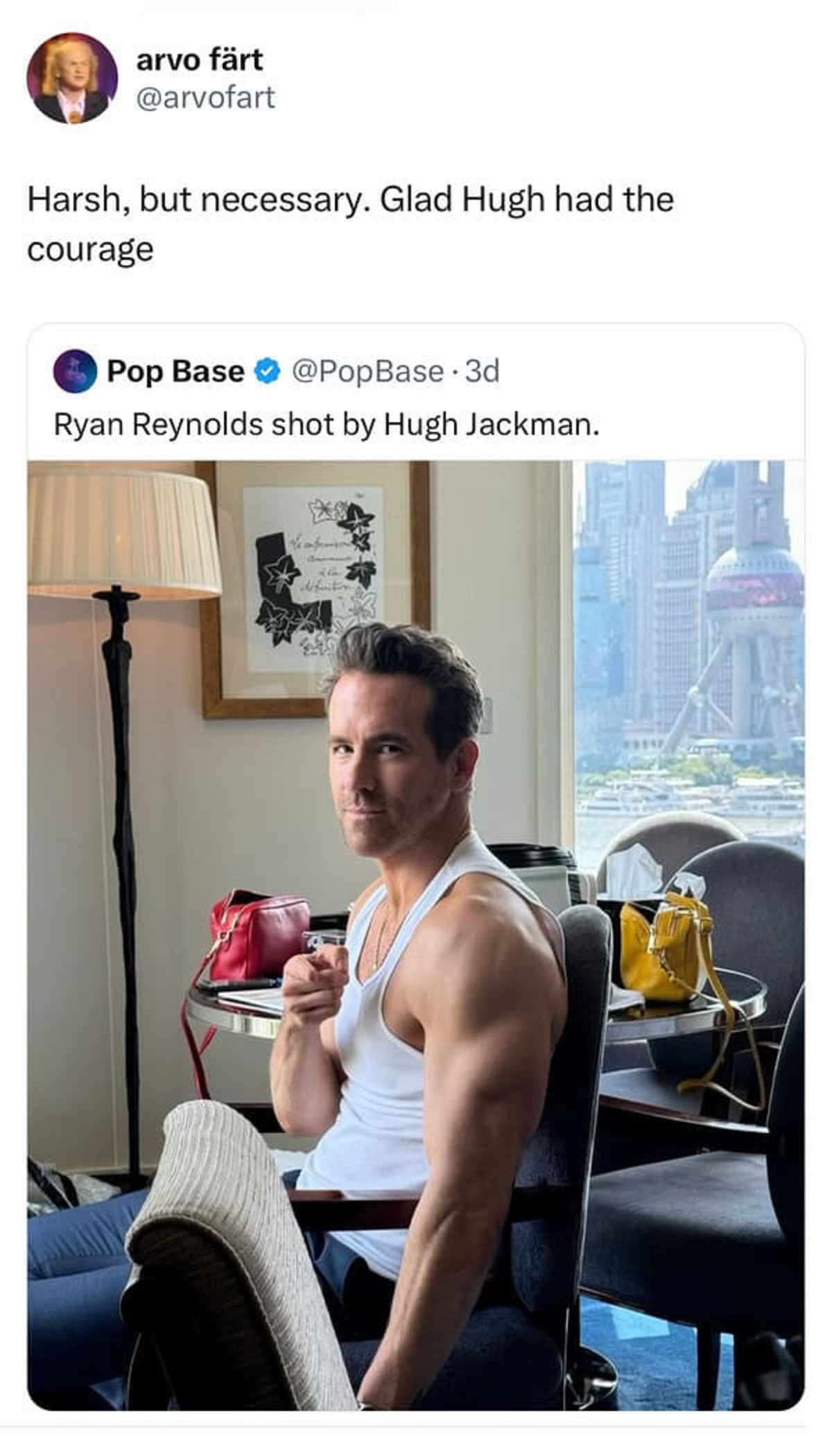 Ryan Reynolds - arvo frt Harsh, but necessary. Glad Hugh had the courage Pop Base 3d Ryan Reynolds shot by Hugh Jackman.