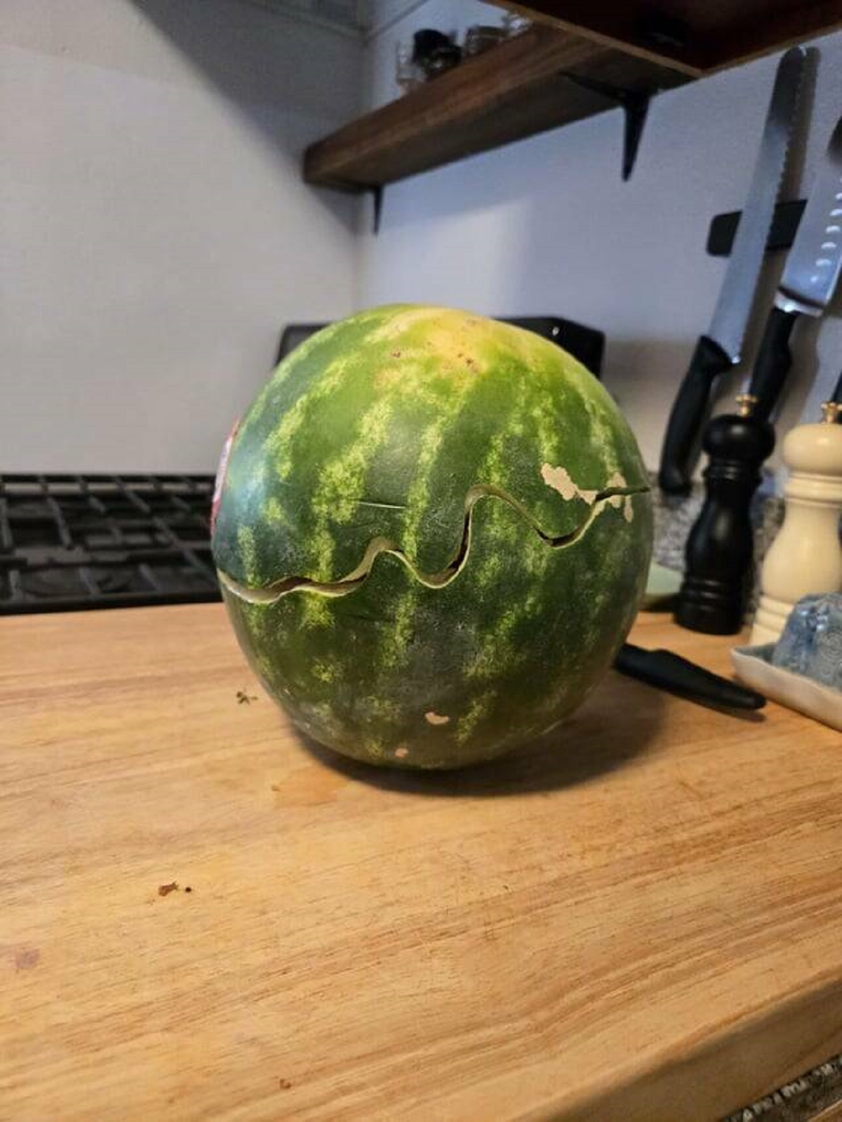 "Accidentally dropped a watermelon on the floor and this is how it cracked"