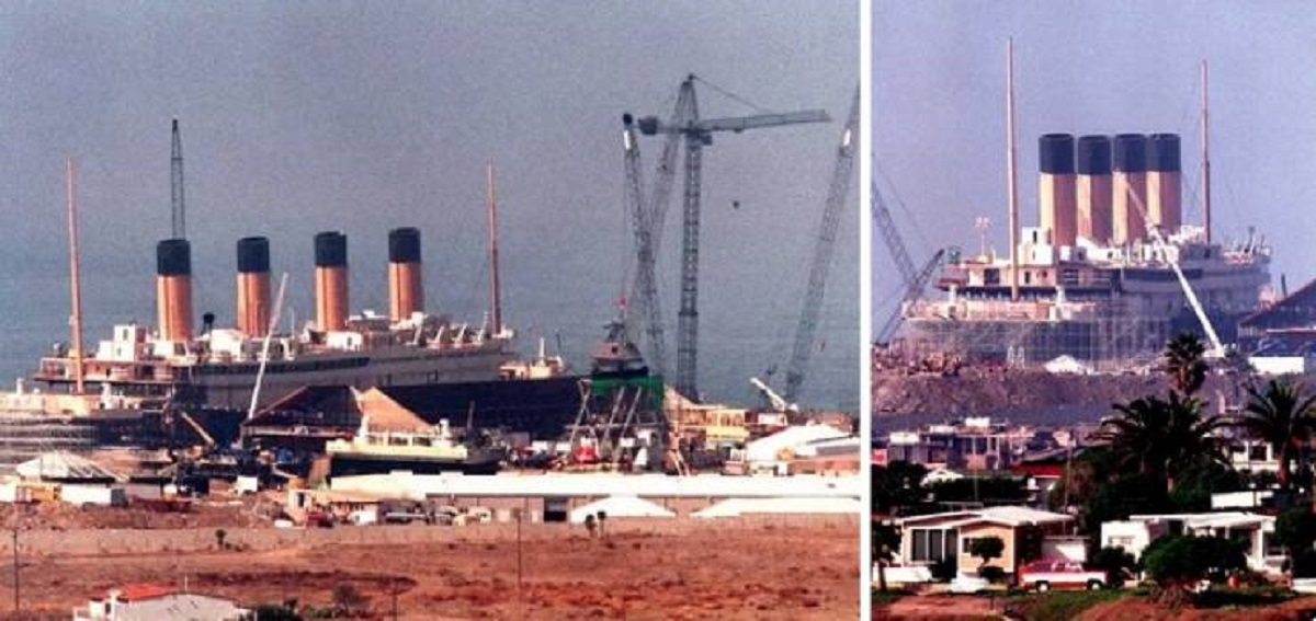 James Cameron had a 2/3 scale of the Titanic built for the movie in Mexico. These images show just how huge the ship set was: