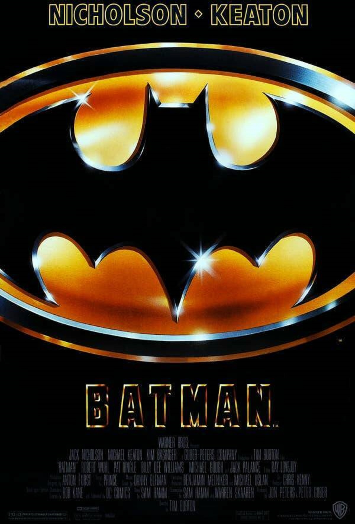 batman 1989 affiche - Nicholson Keaton Batman Warner Bros. T.M Jack Nicholson Michael Keaton Kim Basinger Guber Peters Company Tim Burton "Raiman Robert Wuhl Pat Hingle Billy Dee Williams Michael Gough Jack Palance Ray Lovejoy Anton Furst Prince Danny Ele