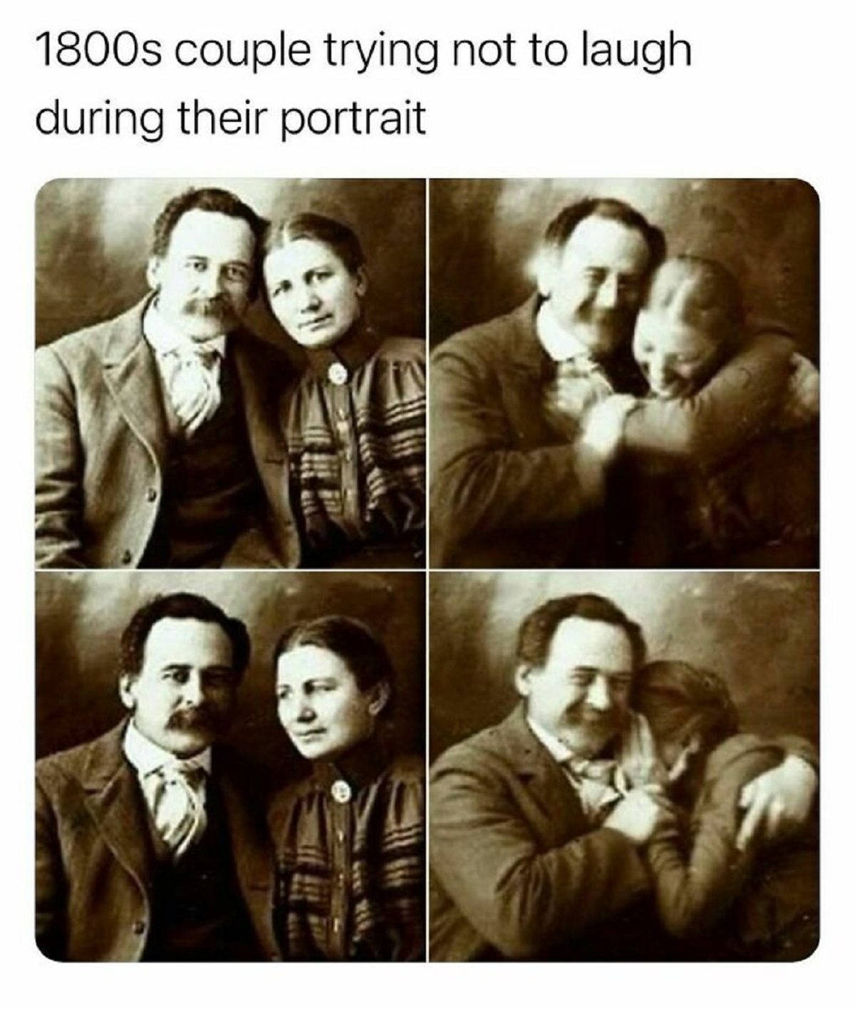 old photos people smiling - 1800s couple trying not to laugh during their portrait