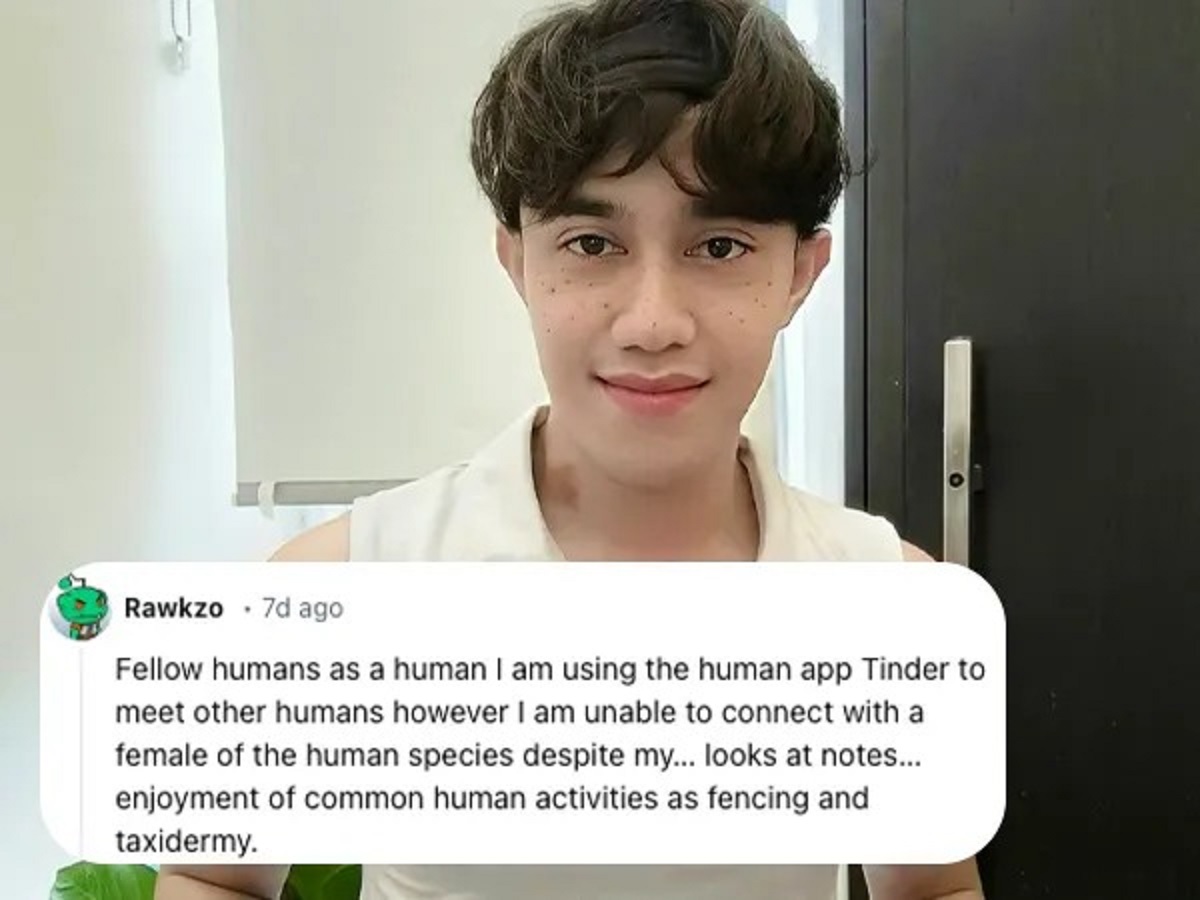 boy - Rawkzo . 7d ago Fellow humans as a human I am using the human app Tinder to meet other humans however I am unable to connect with a female of the human species despite my... looks at notes... enjoyment of common human activities as fencing and taxid