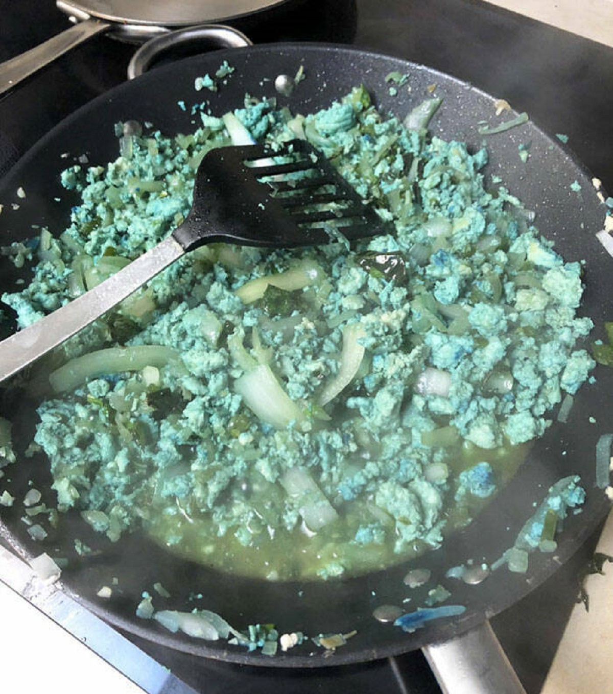 "I Was Making Thai Basil Chicken Then I Turned Around For A Minute And My Brother Put Blue Food Dye In It. He’s 19"