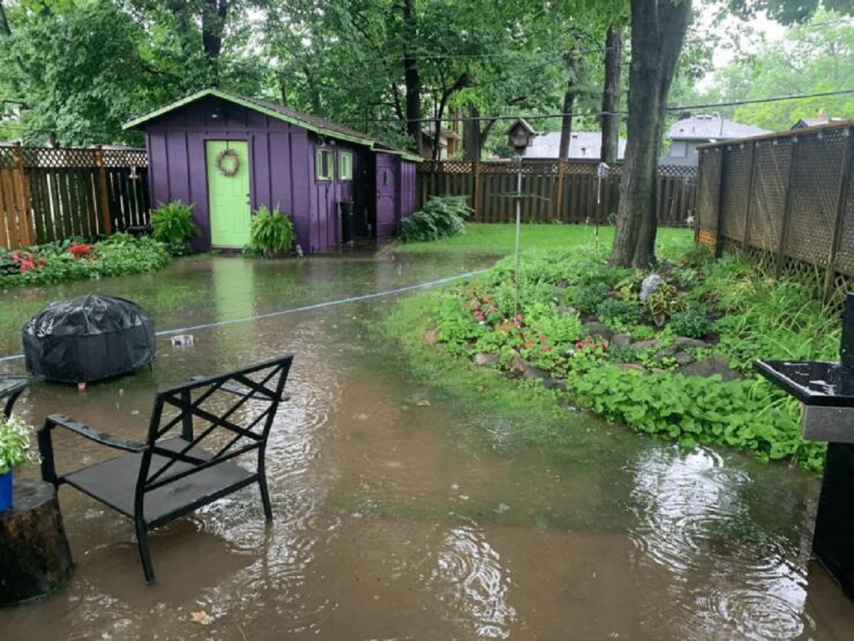 "My parents' back yard right now, from less than 20 minutes of rain. It was dry this morning."