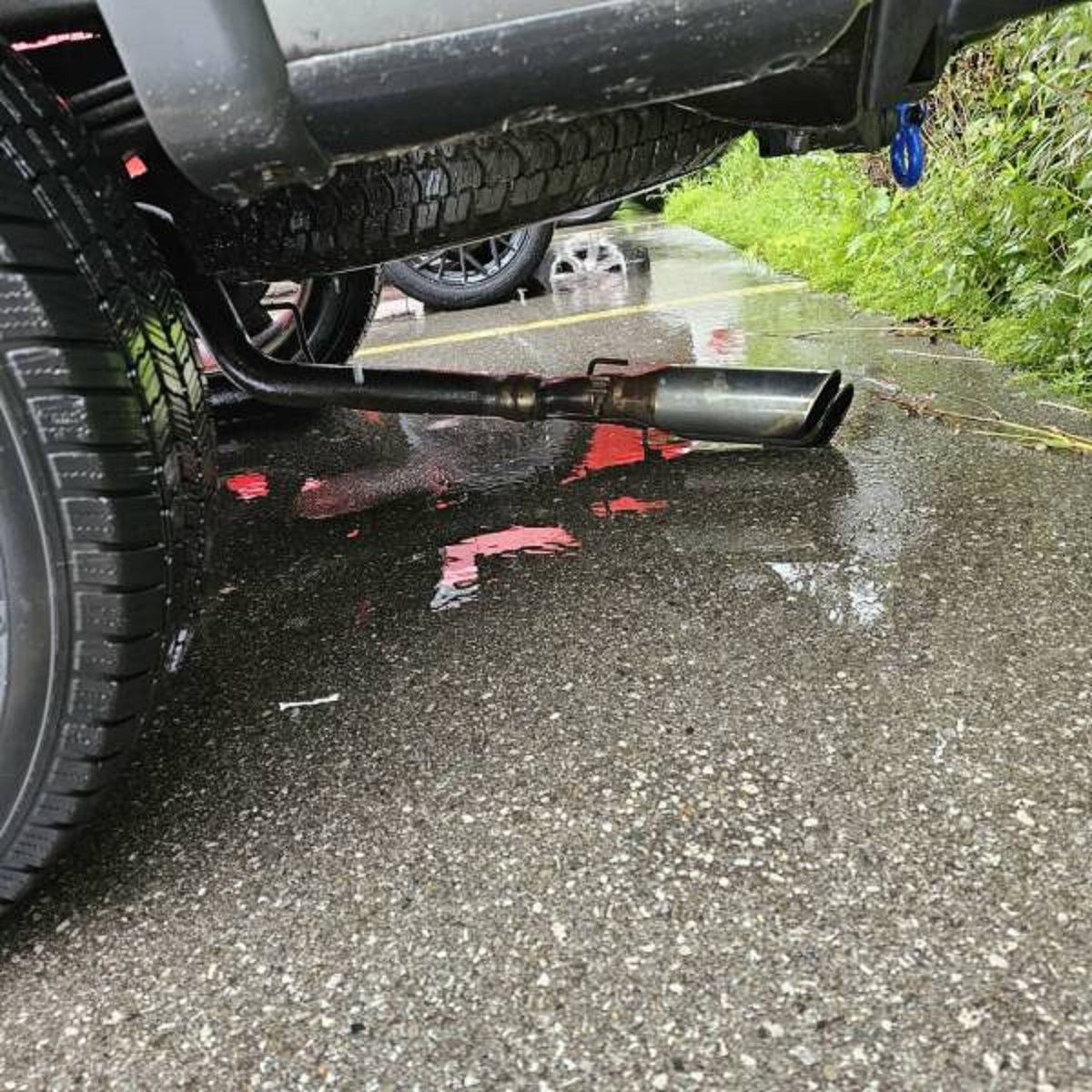 "Got decent rain where I live, went through a puddle thinking it was very shallow, apparently deep enough to rip the exhaust out of my car in 2 pieces, only reason this is on is because it was being held by the axle"