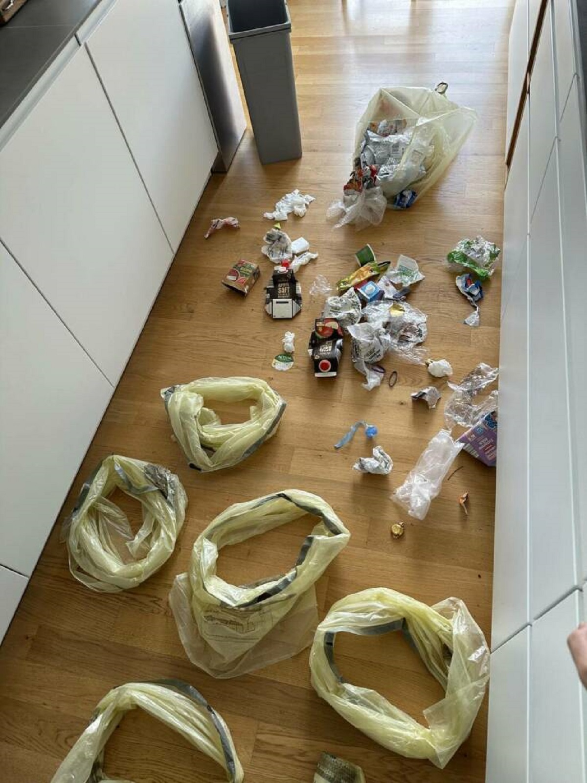 "Factory-new trash bags discovered when emptying the bin..."