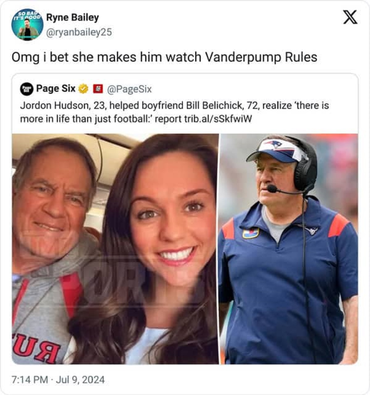 bill belichick girlfriend 2024 - So Bad Ryne Bailey Omg i bet she makes him watch Vanderpump Rules Page Six Jordon Hudson, 23, helped boyfriend Bill Belichick, 72, realize 'there is more in life than just football' report trib.alsSkfwiW For Ua X