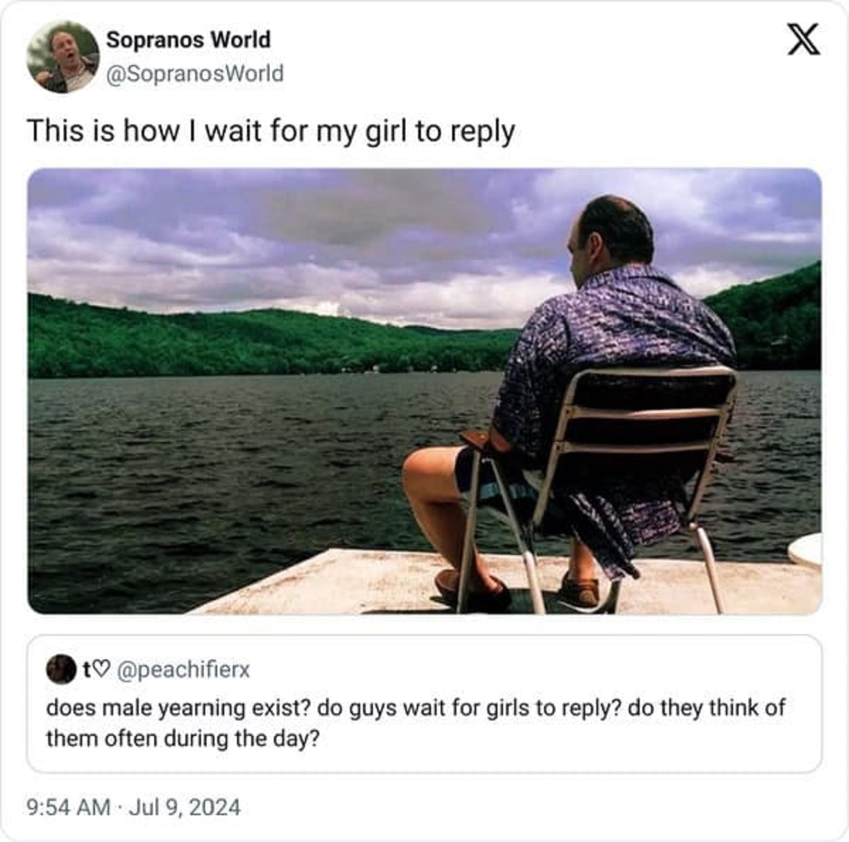 tony sitting on dock - Sopranos World This is how I wait for my girl to X t does male yearning exist? do guys wait for girls to ? do they think of them often during the day?