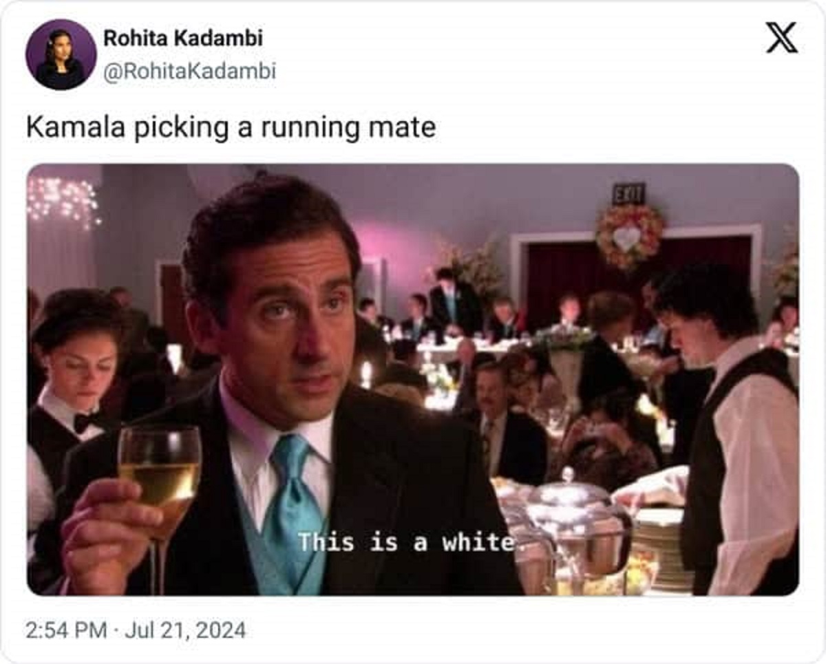 michael scott wine tasting - Rohita Kadambi Kamala picking a running mate This is a white Exit X