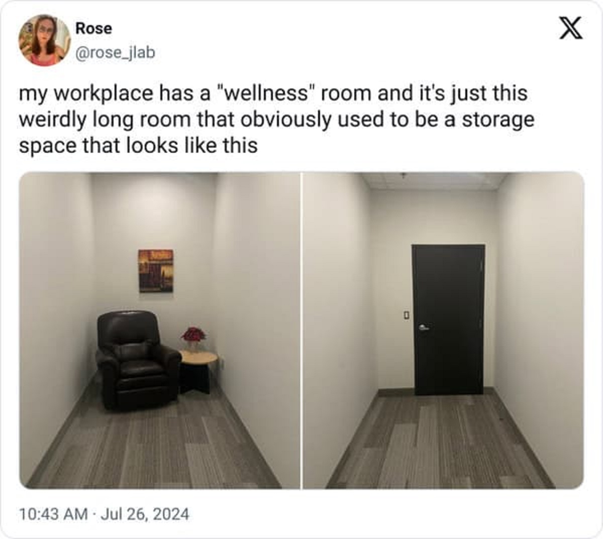 interior design - Rose my workplace has a "wellness" room and it's just this weirdly long room that obviously used to be a storage space that looks this X