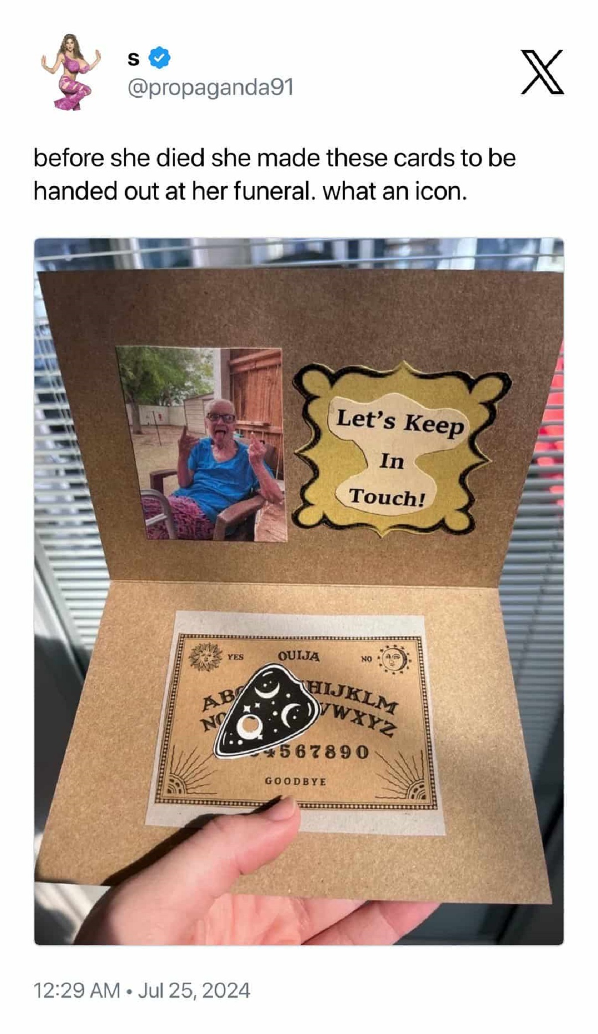 let's keep in touch ouija board funeral - before she died she made these cards to be handed out at her funeral. what an icon. Ab No Let's Keep In Touch! Hijklm Wwxyz 567890 Goodbye X