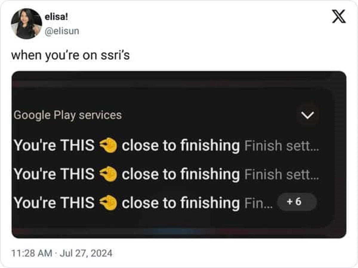 screenshot - elisa! when you're on ssri's Google Play services You're This close to finishing Finish sett... You're This close to finishing Finish sett... You're This close to finishing Fin... 6 X