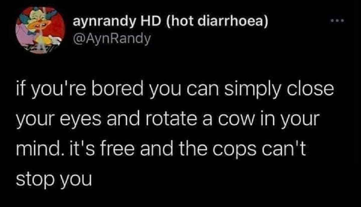 screenshot - aynrandy Hd hot diarrhoea Randy if you're bored you can simply close your eyes and rotate a cow in your mind. it's free and the cops can't stop you