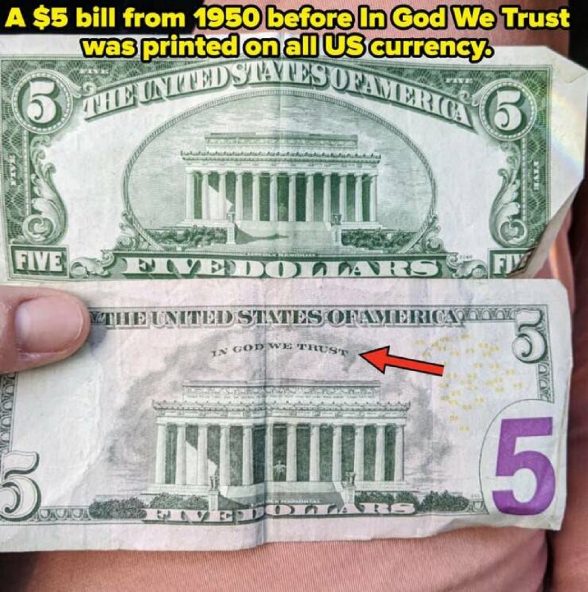 United States five-dollar bill - A $5 bill from 1950 before In God We Trust was printed on all Us currency. 6 The United States Ofamerica 6 Five Fivedollars The United States Ofamerica In God We Trust Fi 5. 5