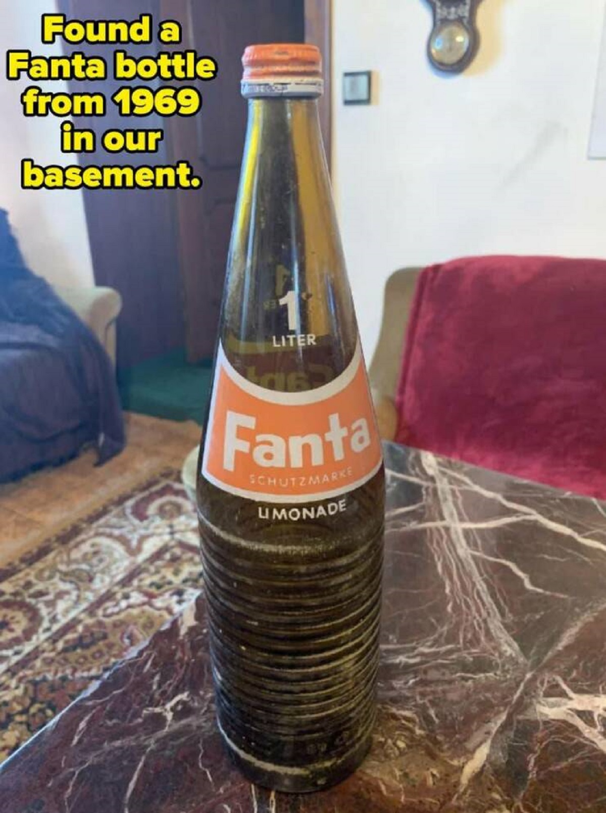 glass bottle - Found a Fanta bottle from 1969 in our basement. 93 Liter Fanta Schutzmarke Umonade