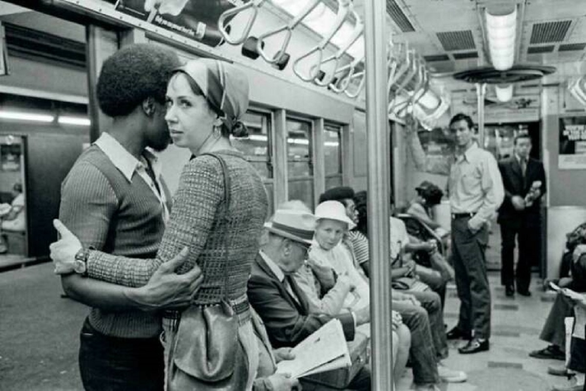 "A Black Man And A White Woman Embracing On A New York Subway - A Controversial Image For It's Time. Late 1960s."