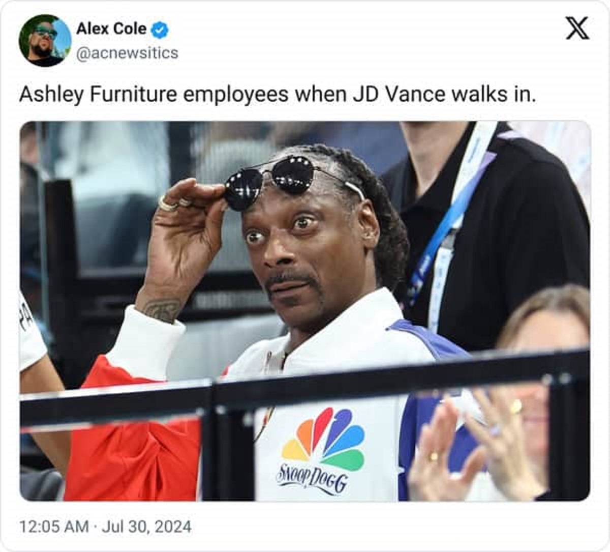 Internet meme - Alex Cole Ashley Furniture employees when Jd Vance walks in. . Snoop Dogg X