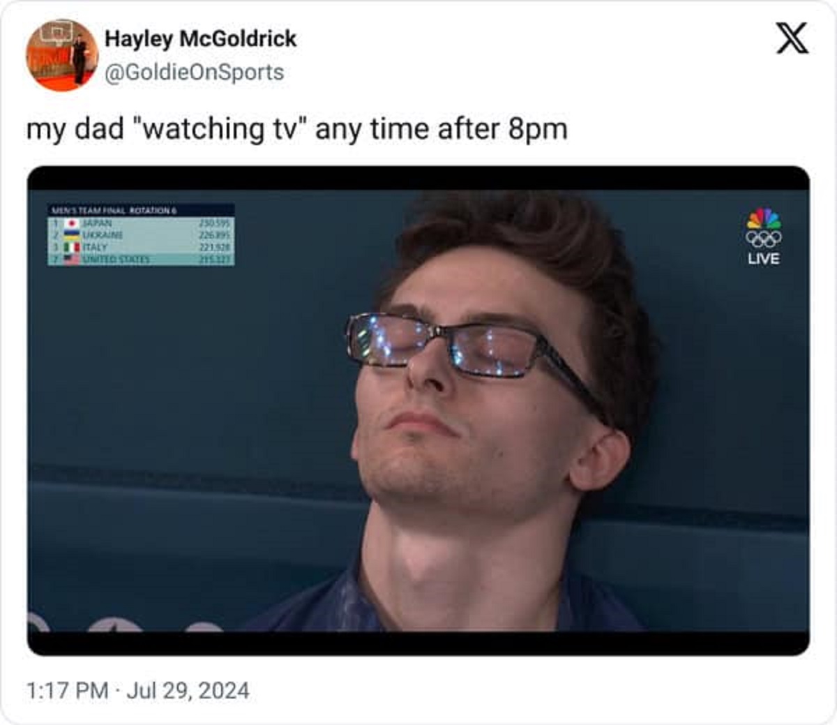 Stephen Nedoroscik - Hayley McGoldrick my dad "watching tv" any time after 8pm X Mens Team Final Rotations Japan 250595 Ukraine 226395 Italy 221.528 United States 215327 Live