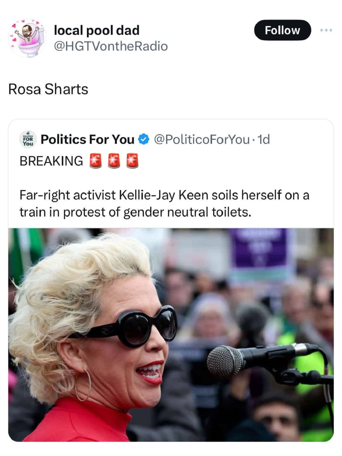 posie parker - local pool dad Rosa Sharts For Politics For You . 1d You Breaking Farright activist KellieJay Keen soils herself on a train in protest of gender neutral toilets.