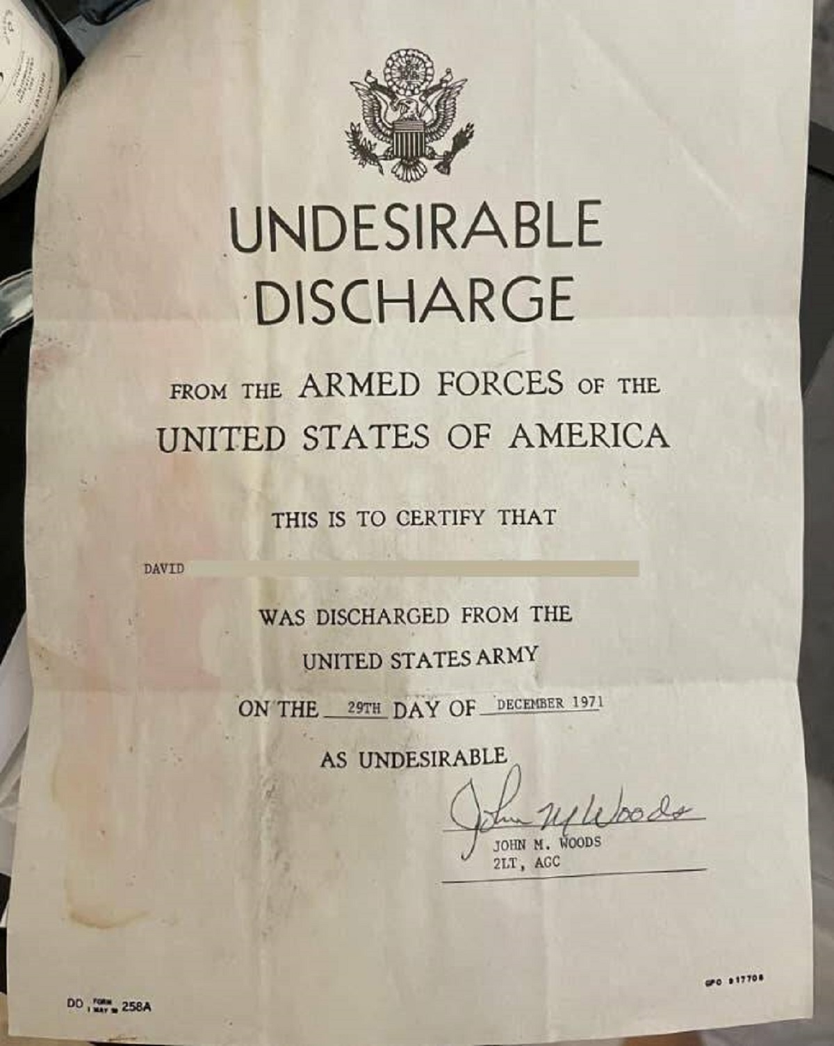 And here's what an undesirable discharge looks like from the Vietnam War.