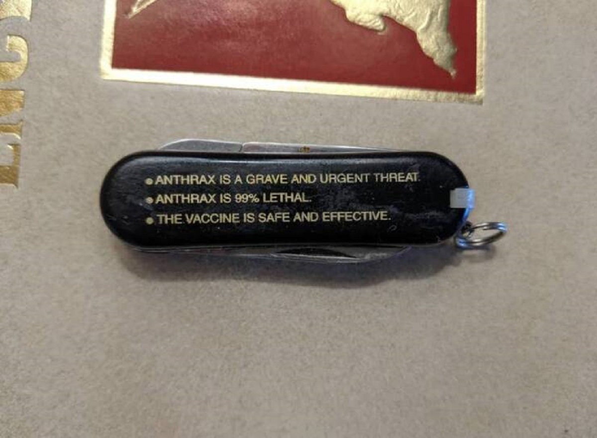 Here's a pocket knife from the Gulf War that warned owners against anthrax, as the US government feared anthrax would be used as a biological weapon against soldiers.