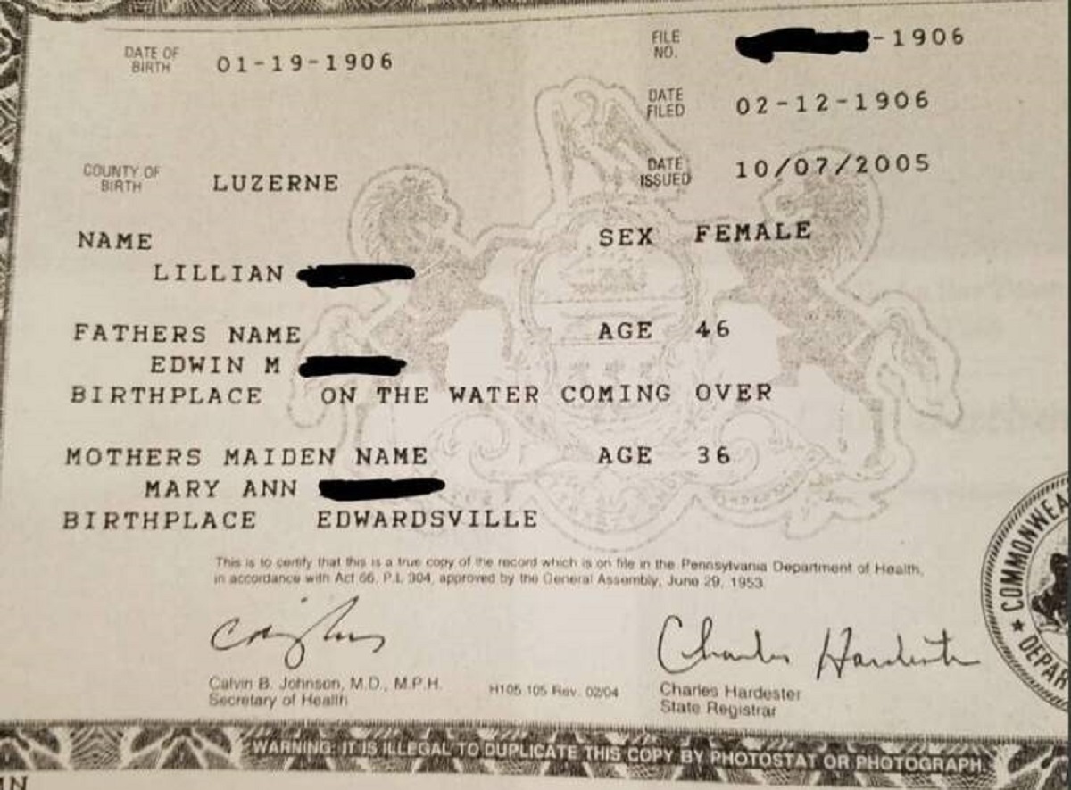 This 1906 birth certificate (reprinted in 2005) is super weird to see, especially because the birthplace is listed as "on the water coming over."