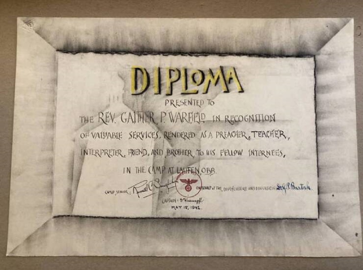 This is a handmade diploma a prisoner of war in a Nazi camp was given when he was finally transferred out.