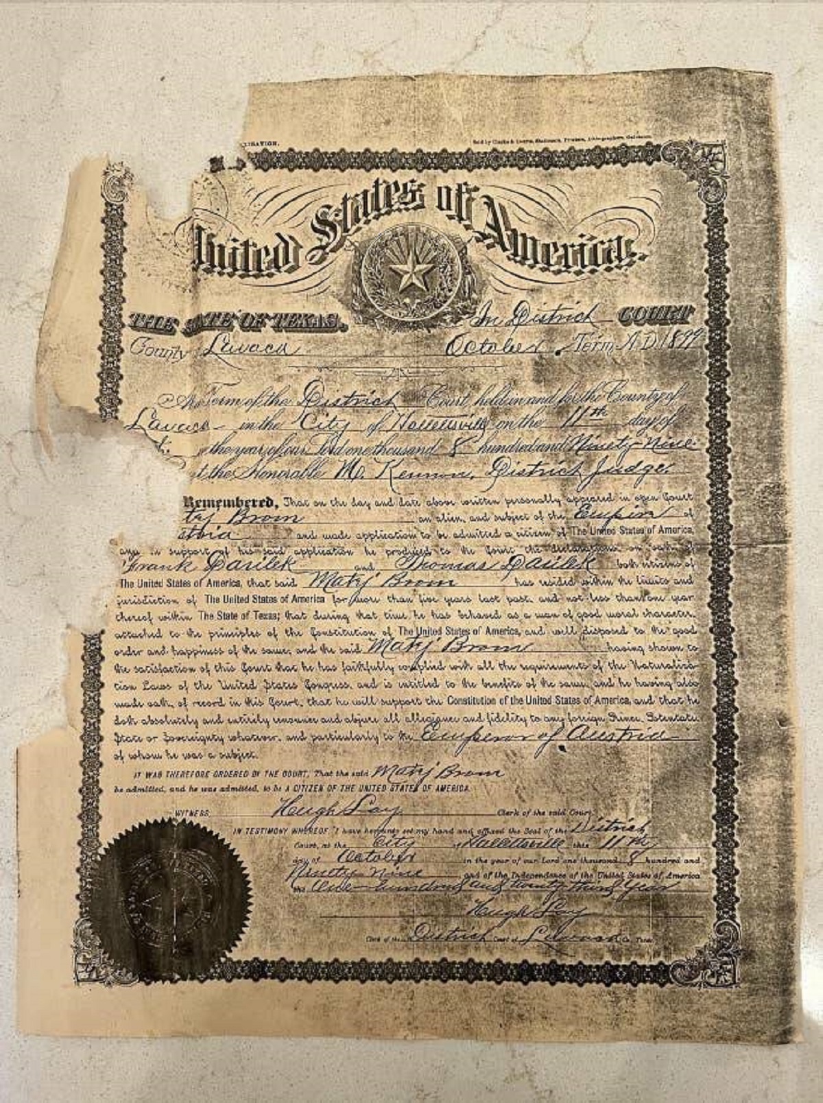 Here's an 1899 certificate of US citizenship — in which this person renounces their allegiance to Austria's emperor.