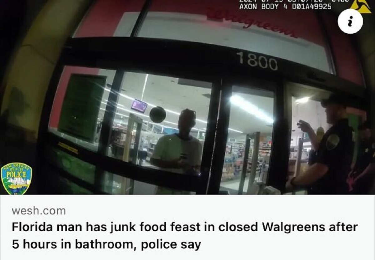 Walgreens - Beach Police Axon Body 4 D01A49925 1800 wesh.com Florida man has junk food feast in closed Walgreens after 5 hours in bathroom, police say