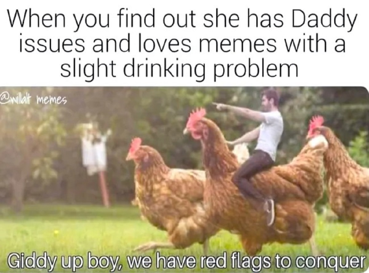 elementary writing prompts - When you find out she has Daddy issues and loves memes with a slight drinking problem memes Giddy up boy, we have red flags to conquer