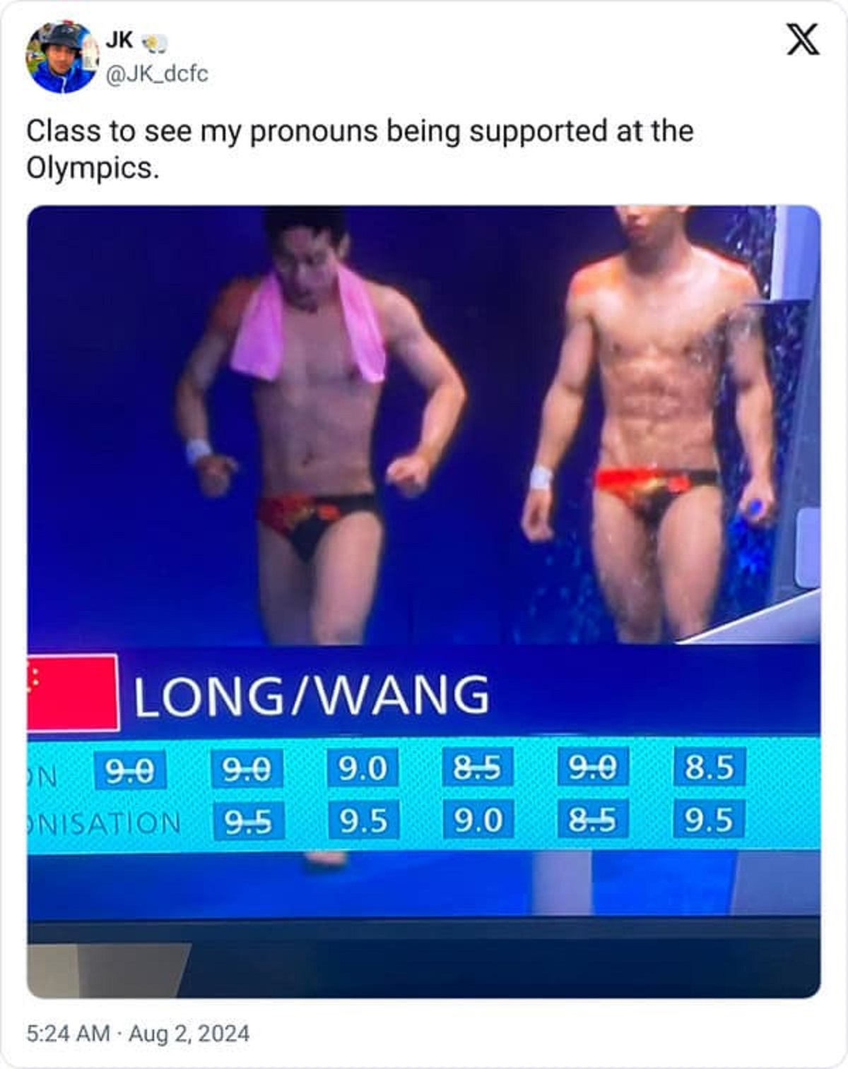 underpants - Jk Class to see my pronouns being supported at the Olympics. LongWang N 9.0 9.0 9.0 8.5 9.0 8.5 Nisation 9.5 9.5 9.0 8.5 9.5 X