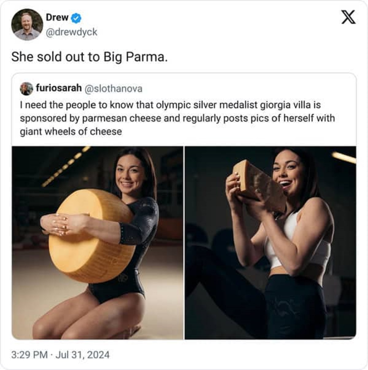 Parmesan - Drew She sold out to Big Parma. furiosarah I need the people to know that olympic silver medalist giorgia villa is sponsored by parmesan cheese and regularly posts pics of herself with giant wheels of cheese X