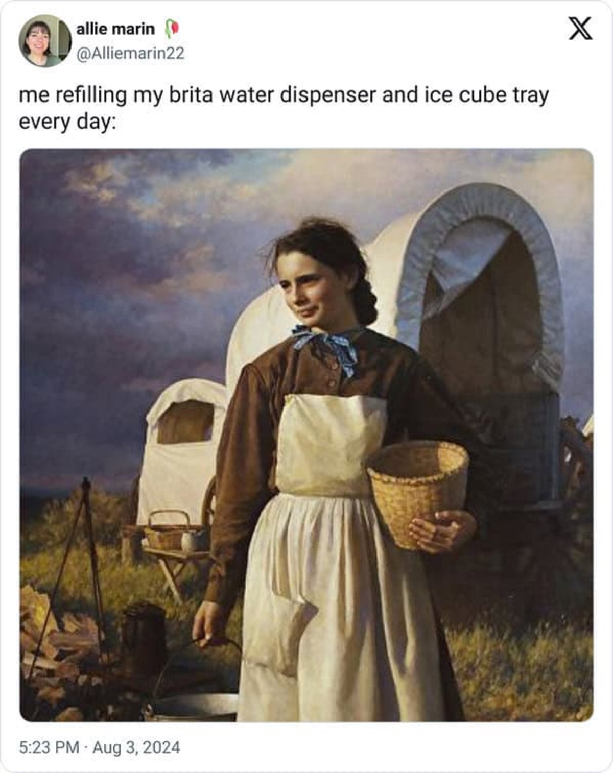 oregon trail women - allie marin me refilling my brita water dispenser and ice cube tray every day X