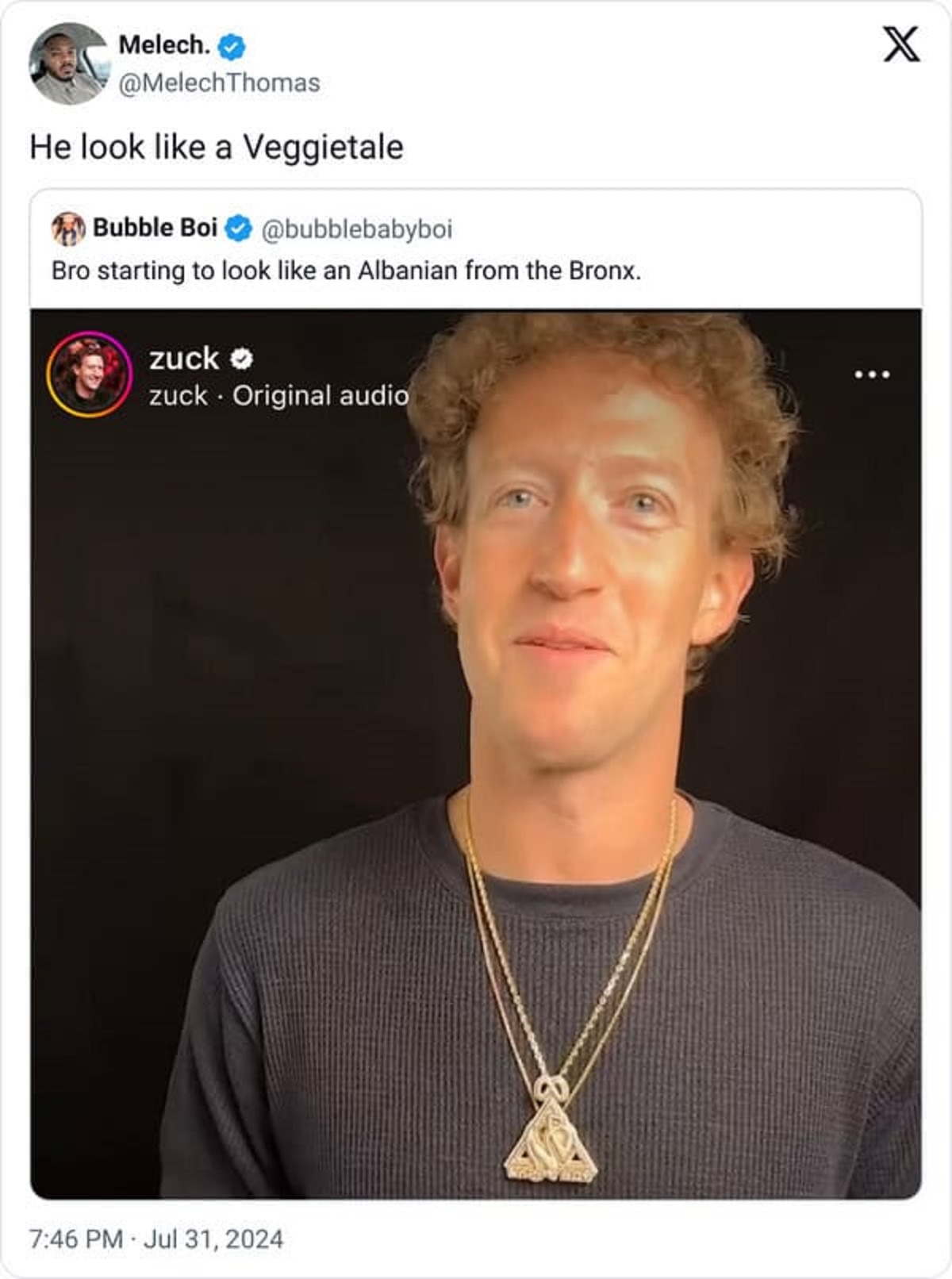 Mark Zuckerberg - Melech. He look a Veggietale Bubble Boi Bro starting to look an Albanian from the Bronx. zuck >> zuck Original audio X