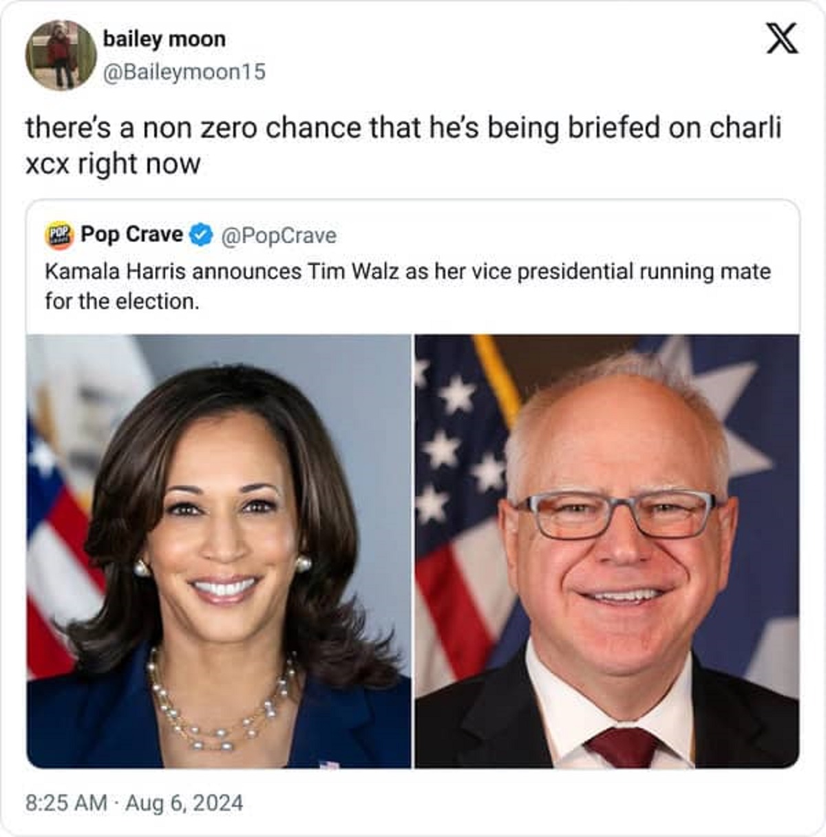 kamala harris - bailey moon X there's a non zero chance that he's being briefed on charli xcx right now Pop Crave Kamala Harris announces Tim Walz as her vice presidential running mate for the election.