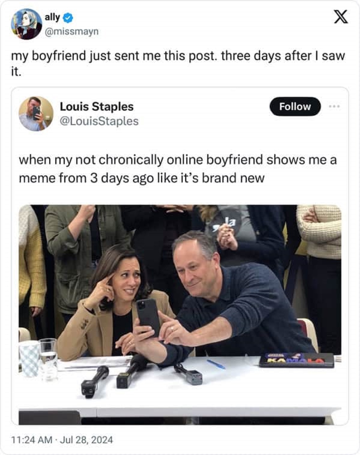 Internet meme - ally X my boyfriend just sent me this post. three days after I saw it. Louis Staples when my not chronically online boyfriend shows me a meme from 3 days ago it's brand new