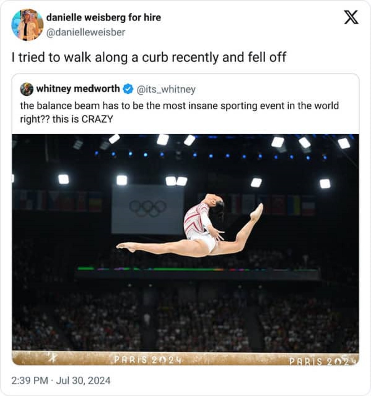 Trampoline - danielle weisberg for hire I tried to walk along a curb recently and fell off whitney medworth the balance beam has to be the most insane sporting event in the world right?? this is Crazy 880 X Paris 2024 Paris 2020