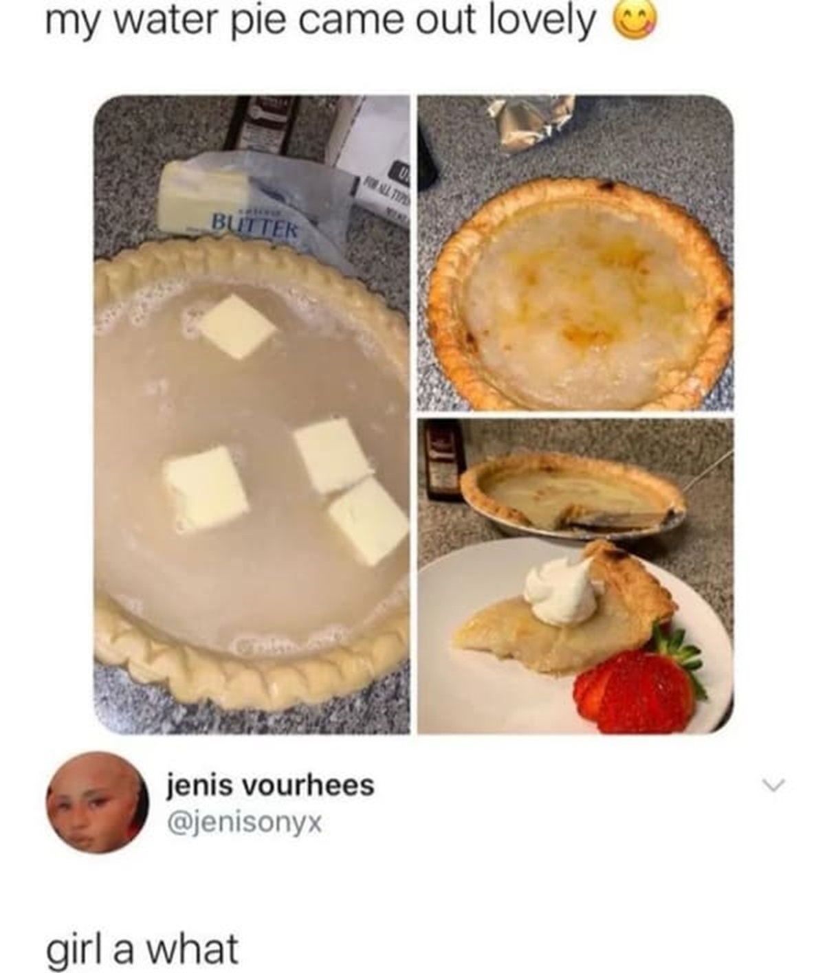 pie memes - my water pie came out lovely Butter For All Typ jenis vourhees girl a what